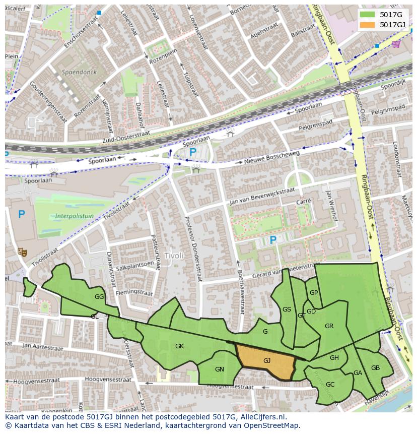 Afbeelding van het postcodegebied 5017 GJ op de kaart.
