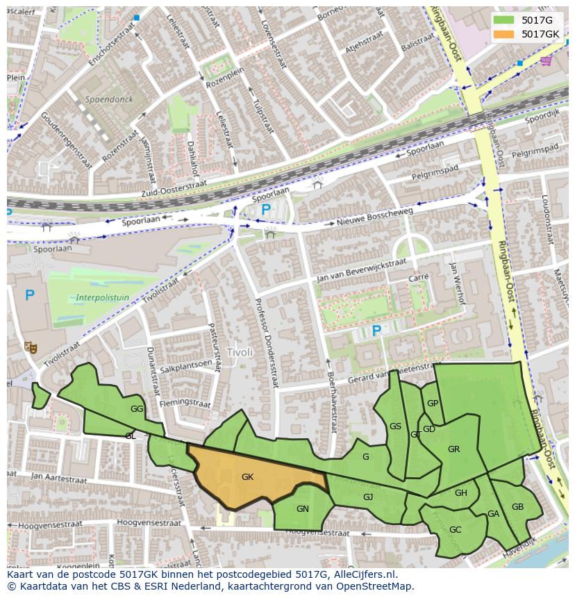 Afbeelding van het postcodegebied 5017 GK op de kaart.