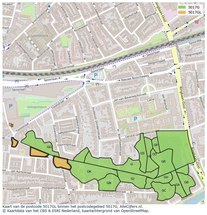 Afbeelding van het postcodegebied 5017 GL op de kaart.