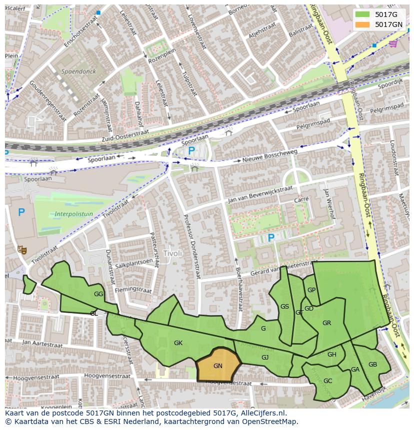 Afbeelding van het postcodegebied 5017 GN op de kaart.