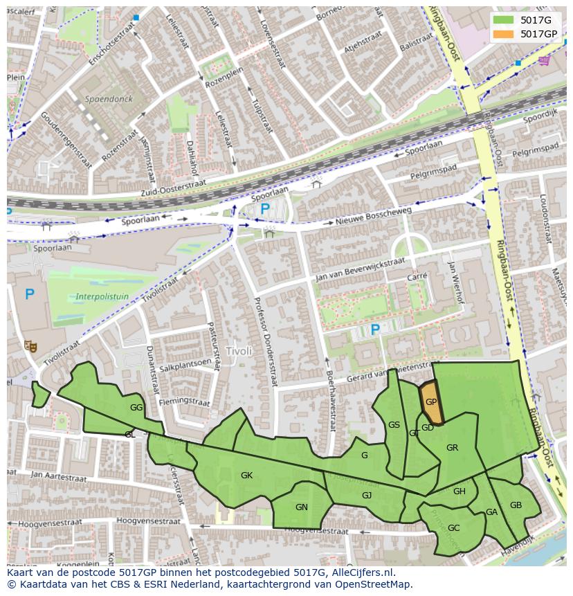 Afbeelding van het postcodegebied 5017 GP op de kaart.
