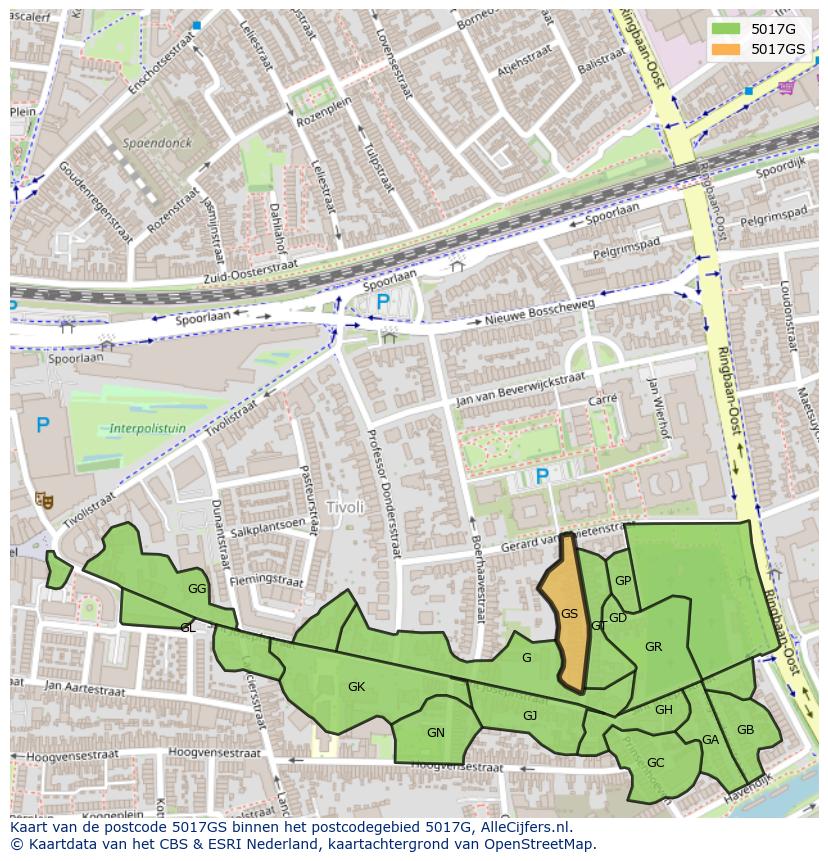 Afbeelding van het postcodegebied 5017 GS op de kaart.