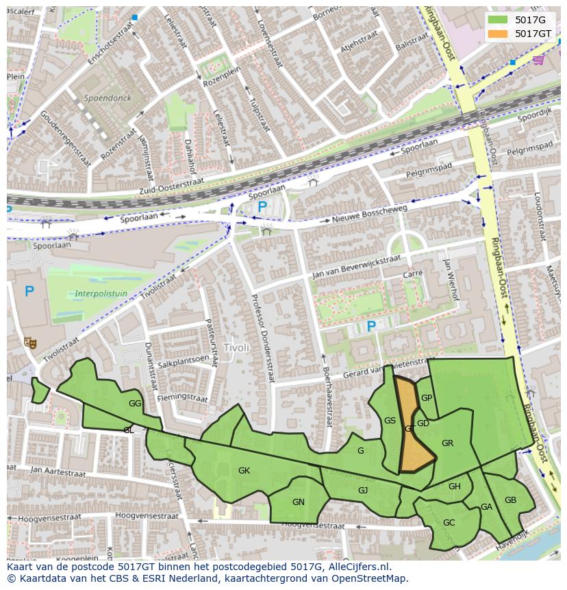 Afbeelding van het postcodegebied 5017 GT op de kaart.
