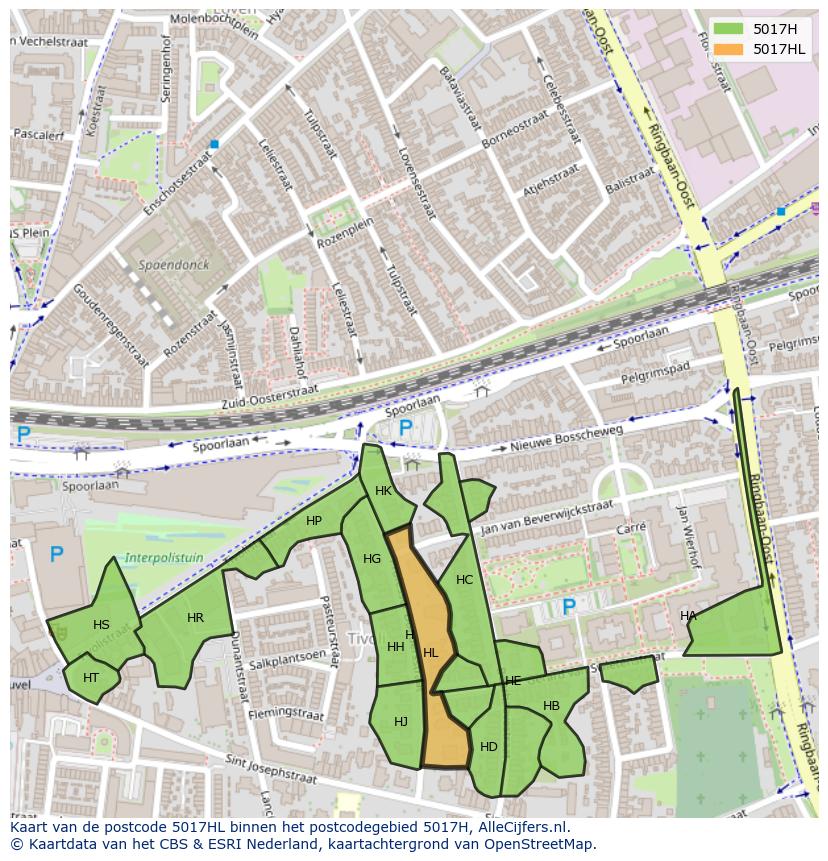 Afbeelding van het postcodegebied 5017 HL op de kaart.