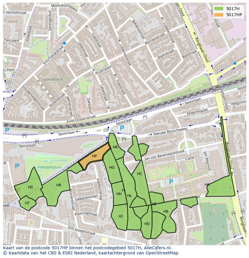 Afbeelding van het postcodegebied 5017 HP op de kaart.