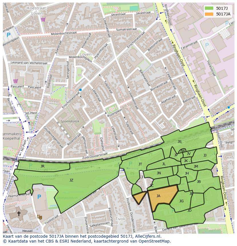 Afbeelding van het postcodegebied 5017 JA op de kaart.