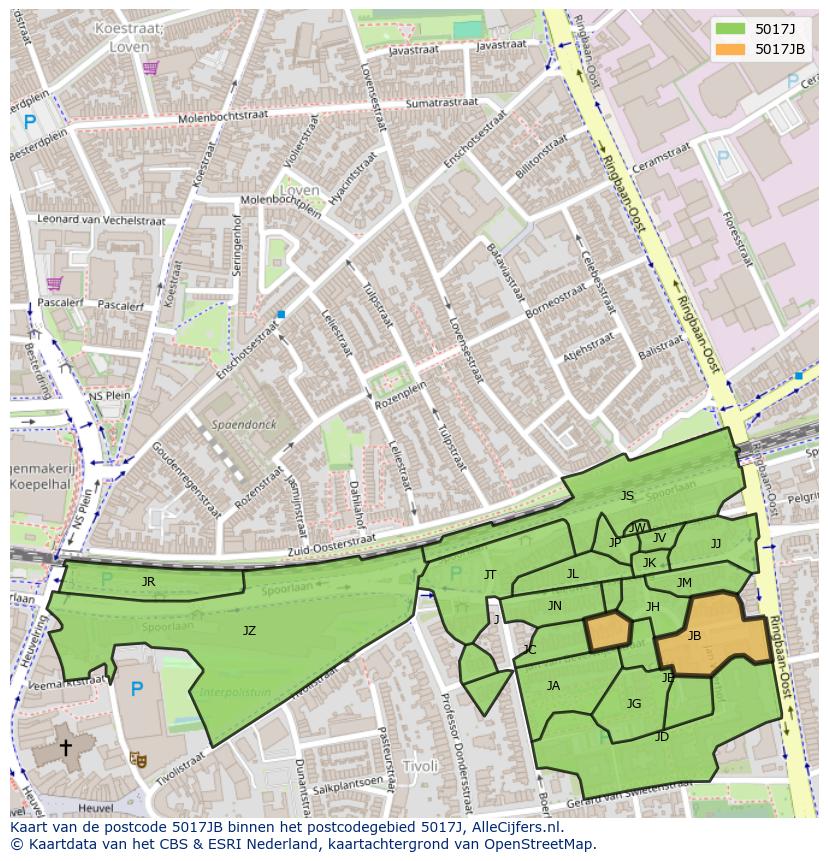 Afbeelding van het postcodegebied 5017 JB op de kaart.