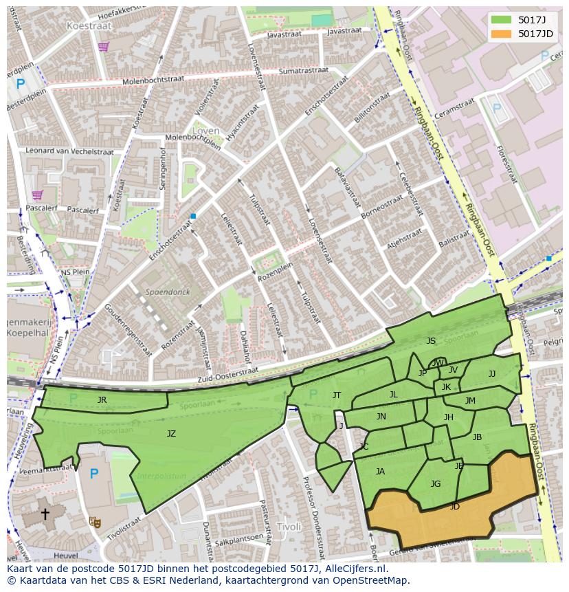 Afbeelding van het postcodegebied 5017 JD op de kaart.