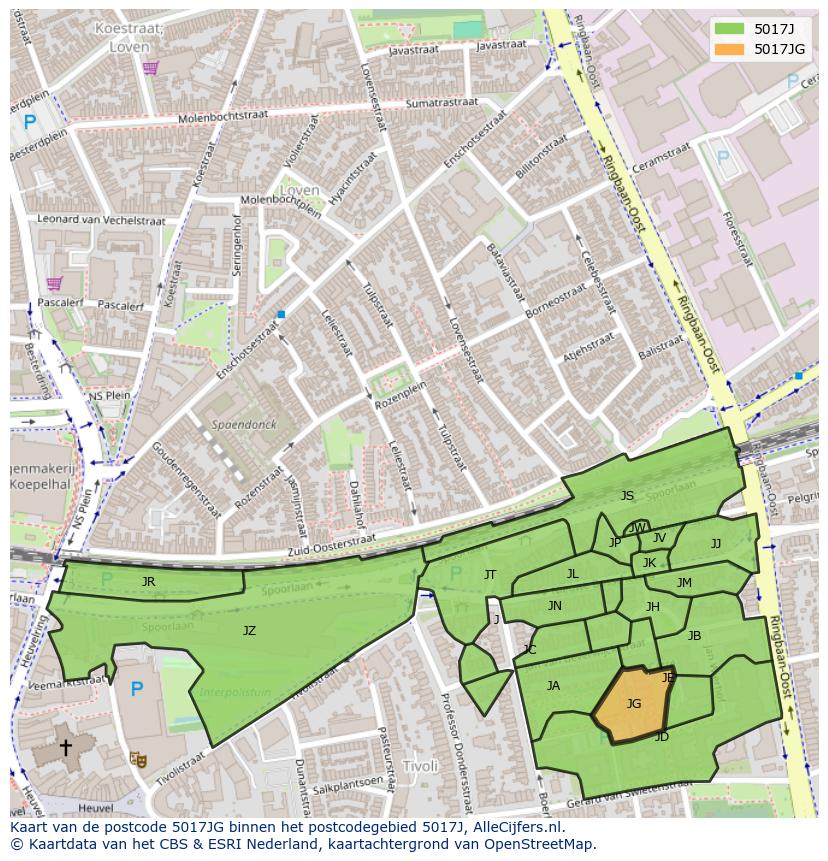Afbeelding van het postcodegebied 5017 JG op de kaart.