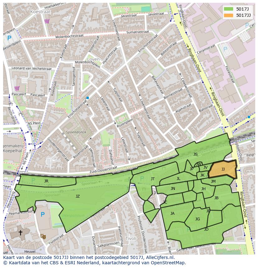 Afbeelding van het postcodegebied 5017 JJ op de kaart.