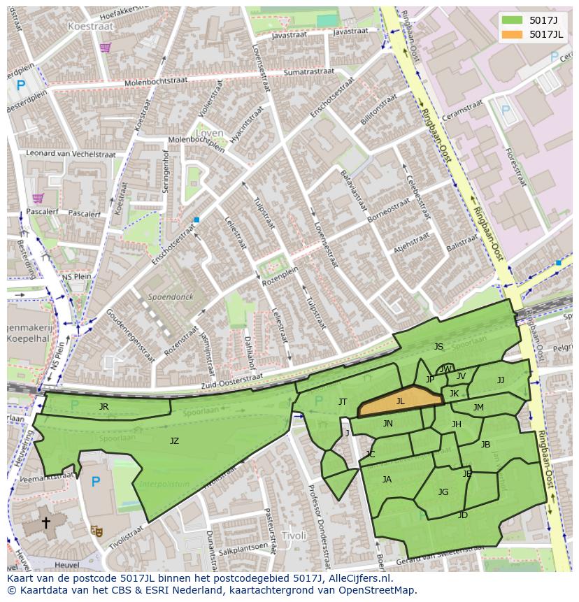 Afbeelding van het postcodegebied 5017 JL op de kaart.
