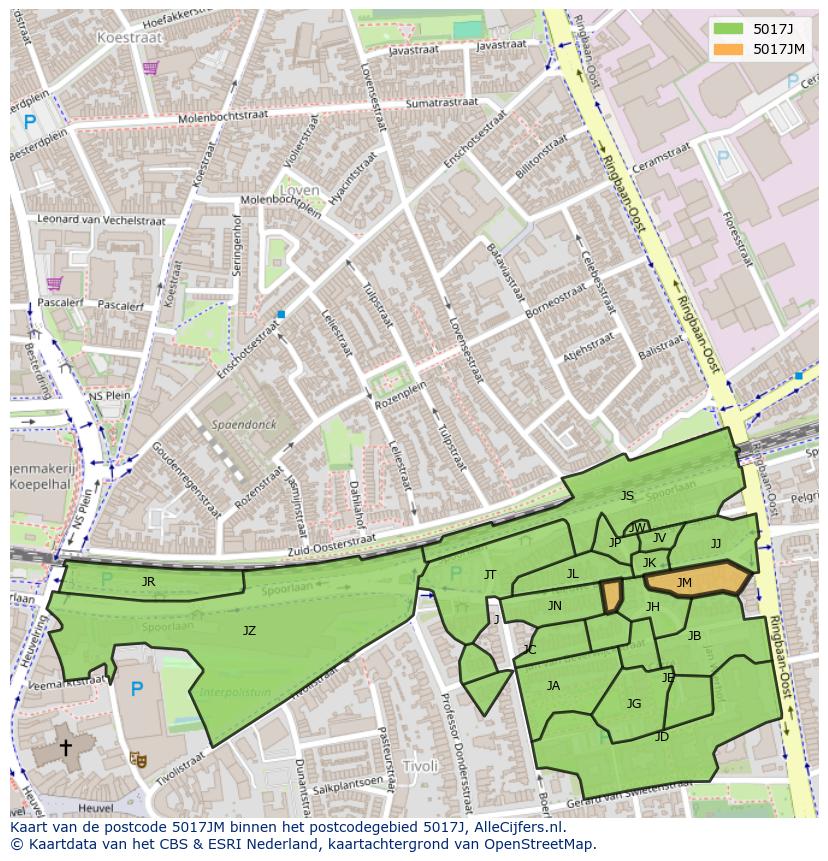Afbeelding van het postcodegebied 5017 JM op de kaart.
