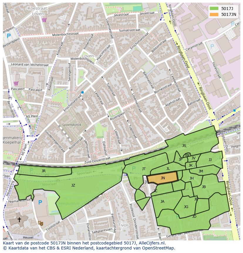 Afbeelding van het postcodegebied 5017 JN op de kaart.