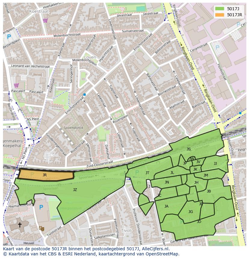 Afbeelding van het postcodegebied 5017 JR op de kaart.