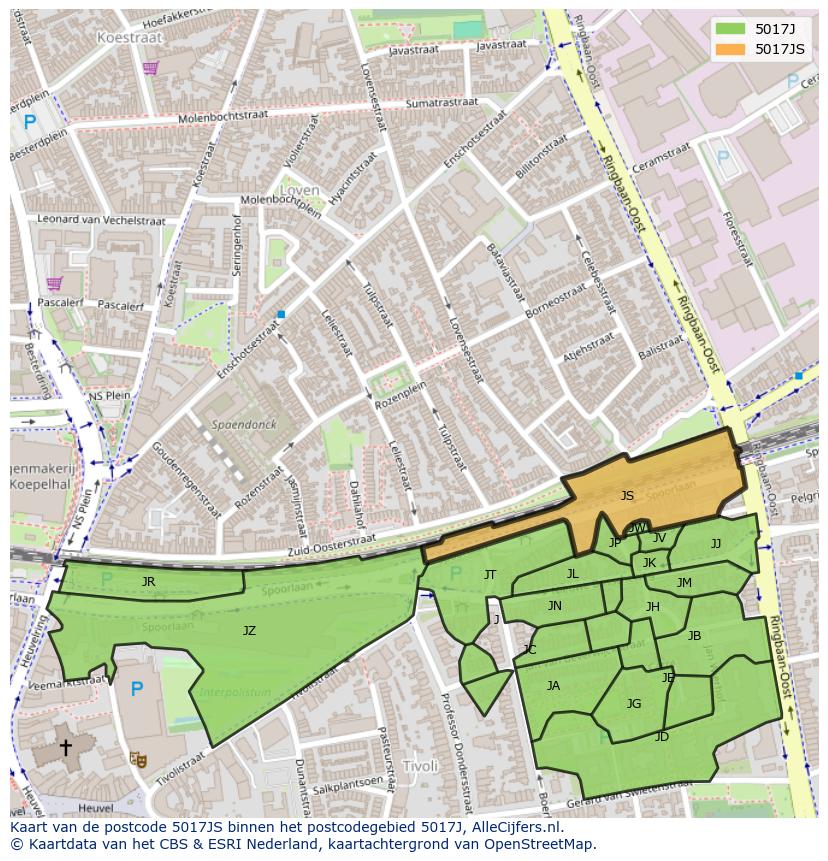 Afbeelding van het postcodegebied 5017 JS op de kaart.