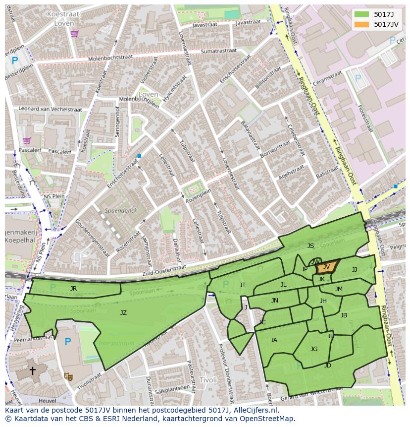 Afbeelding van het postcodegebied 5017 JV op de kaart.