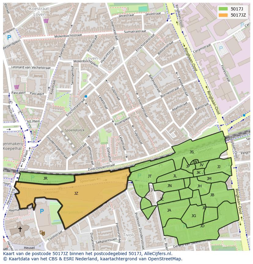 Afbeelding van het postcodegebied 5017 JZ op de kaart.