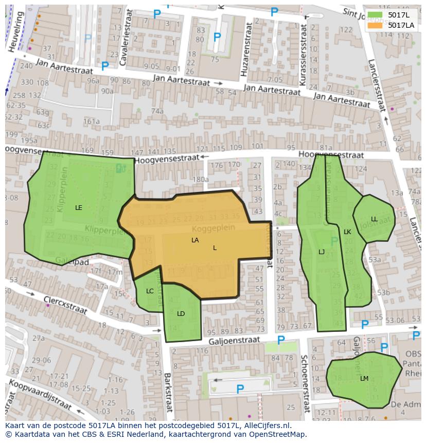 Afbeelding van het postcodegebied 5017 LA op de kaart.