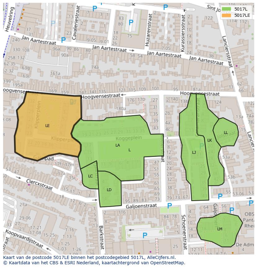 Afbeelding van het postcodegebied 5017 LE op de kaart.