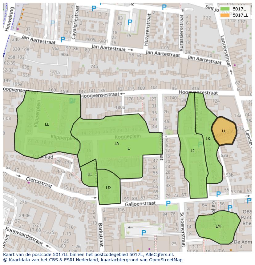 Afbeelding van het postcodegebied 5017 LL op de kaart.