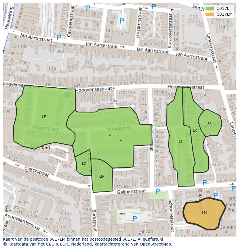 Afbeelding van het postcodegebied 5017 LM op de kaart.