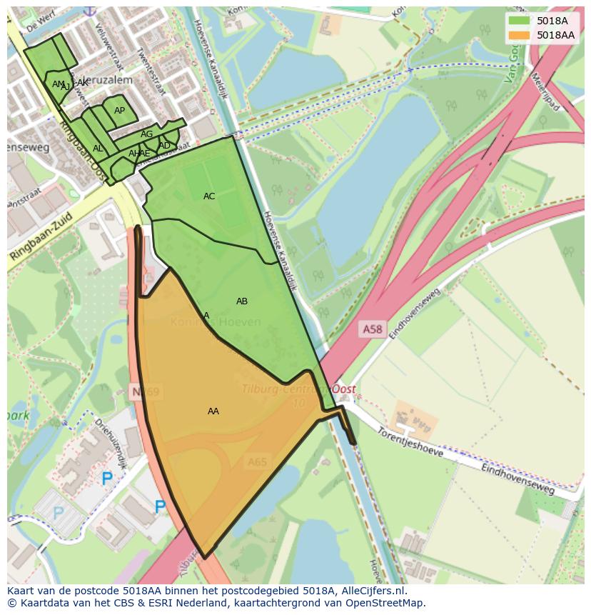 Afbeelding van het postcodegebied 5018 AA op de kaart.