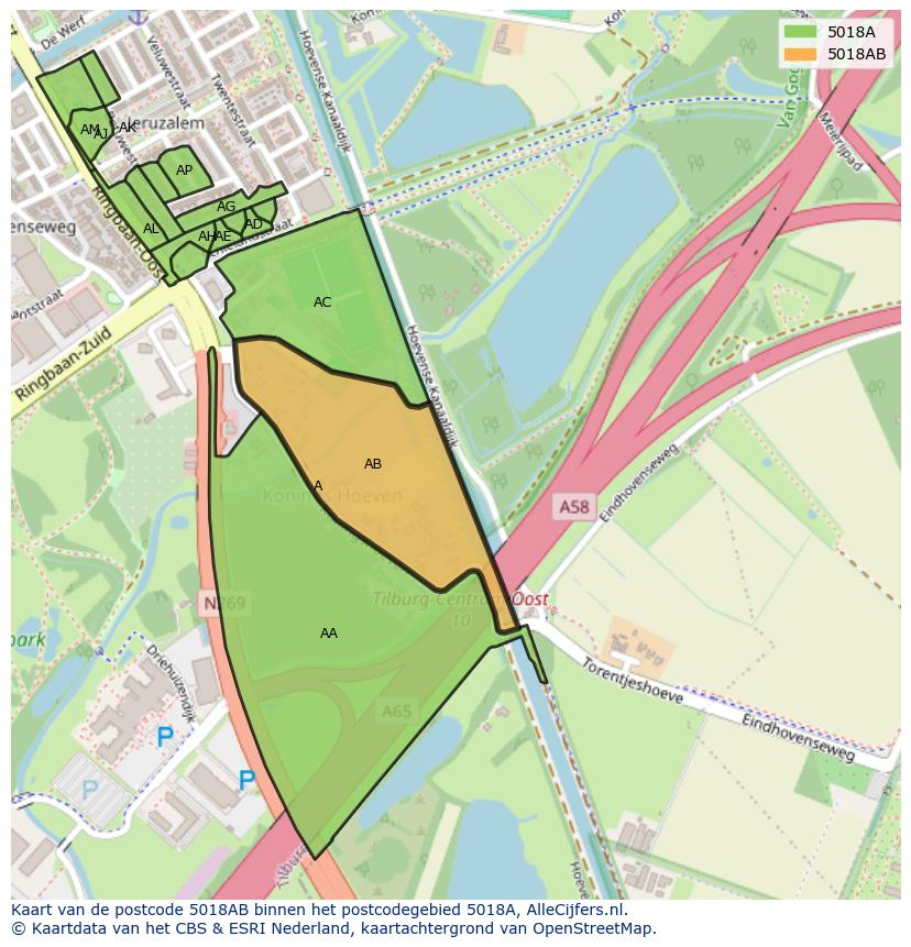 Afbeelding van het postcodegebied 5018 AB op de kaart.
