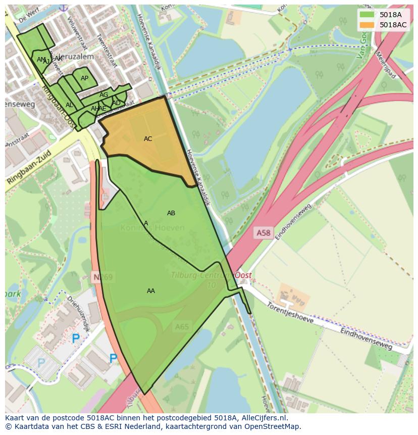 Afbeelding van het postcodegebied 5018 AC op de kaart.