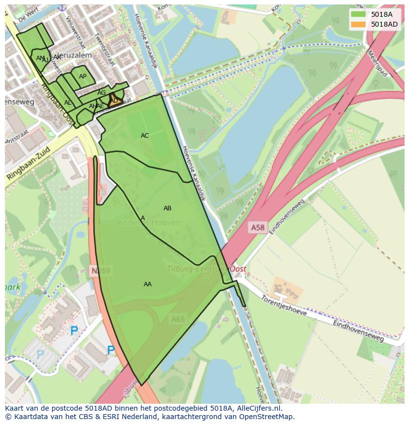 Afbeelding van het postcodegebied 5018 AD op de kaart.