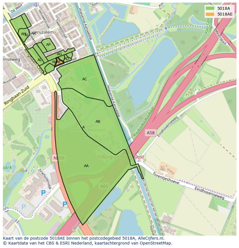 Afbeelding van het postcodegebied 5018 AE op de kaart.