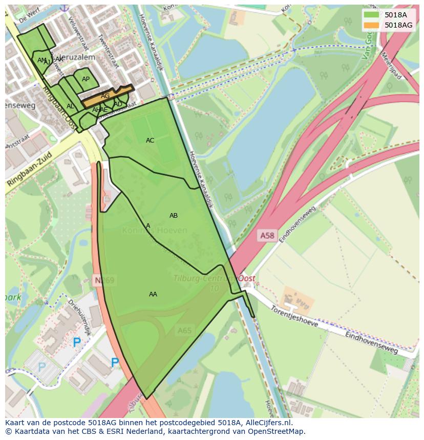 Afbeelding van het postcodegebied 5018 AG op de kaart.