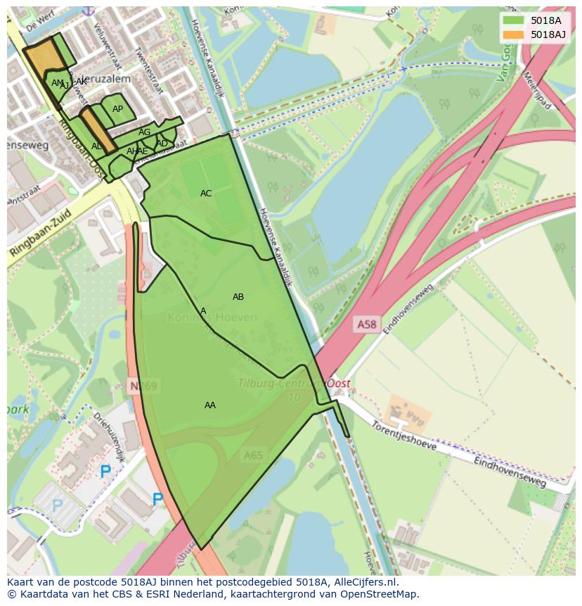 Afbeelding van het postcodegebied 5018 AJ op de kaart.