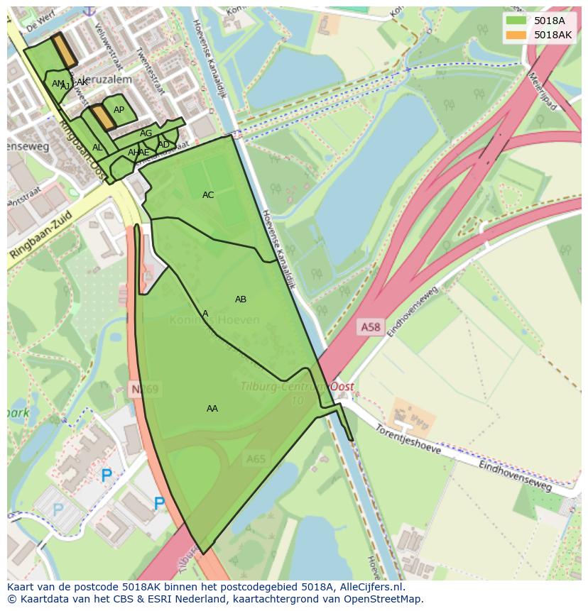 Afbeelding van het postcodegebied 5018 AK op de kaart.