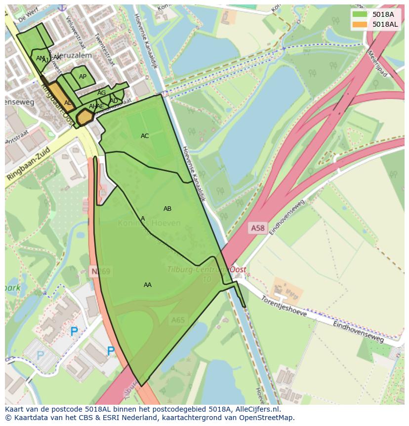 Afbeelding van het postcodegebied 5018 AL op de kaart.