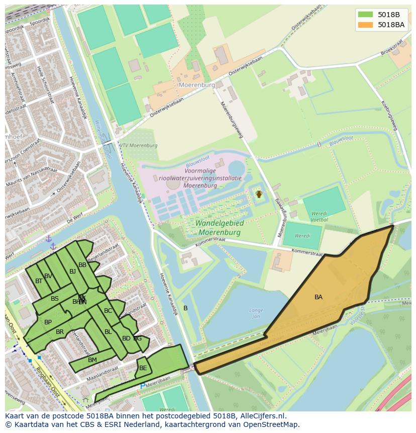 Afbeelding van het postcodegebied 5018 BA op de kaart.