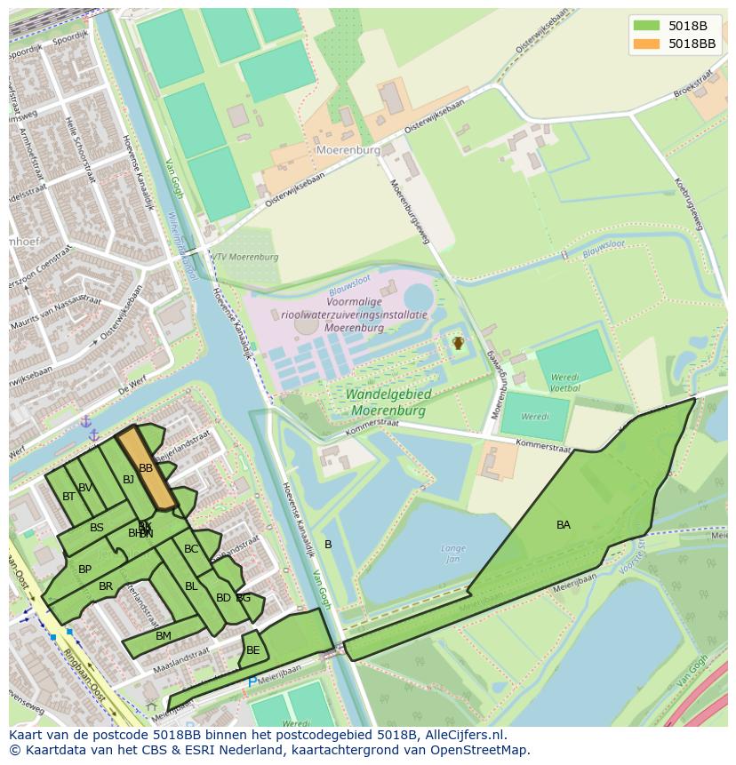 Afbeelding van het postcodegebied 5018 BB op de kaart.
