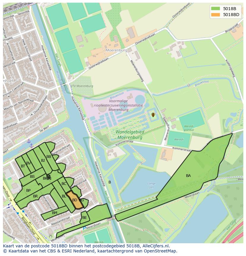 Afbeelding van het postcodegebied 5018 BD op de kaart.