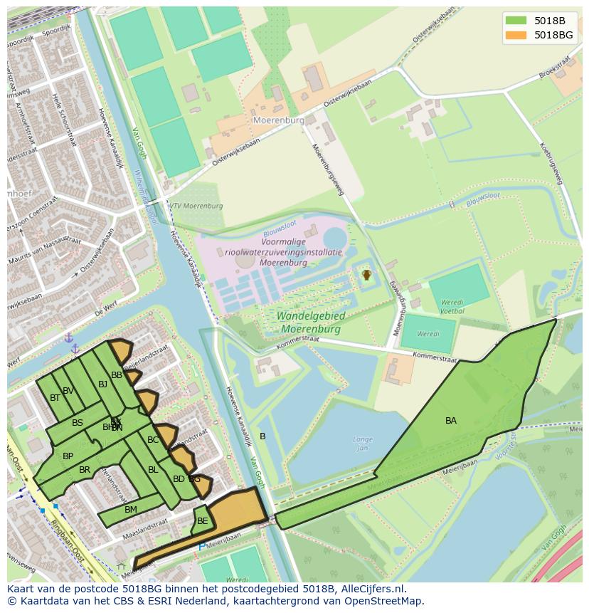 Afbeelding van het postcodegebied 5018 BG op de kaart.