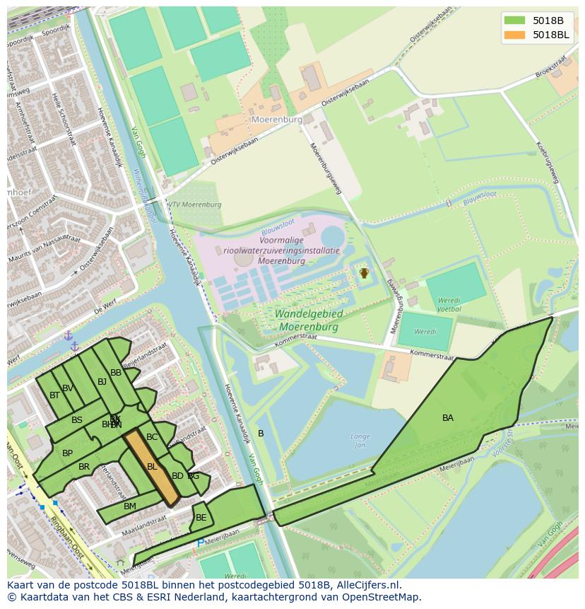 Afbeelding van het postcodegebied 5018 BL op de kaart.