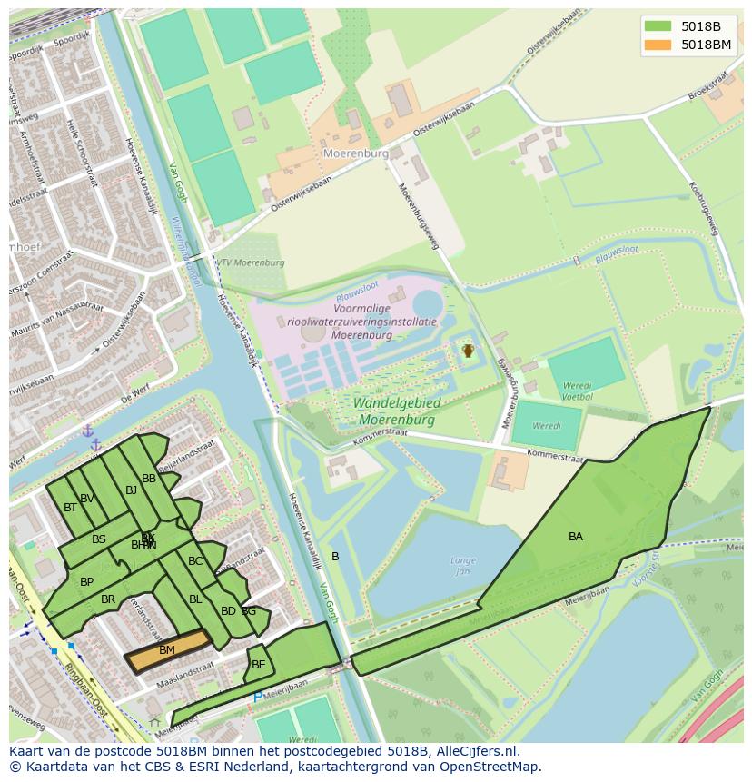Afbeelding van het postcodegebied 5018 BM op de kaart.