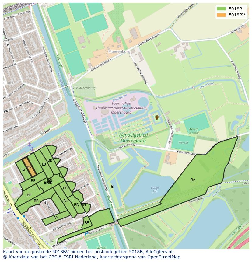 Afbeelding van het postcodegebied 5018 BV op de kaart.