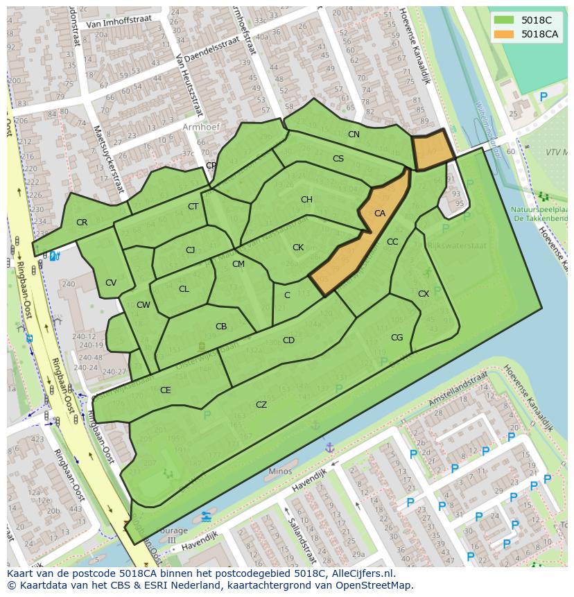Afbeelding van het postcodegebied 5018 CA op de kaart.