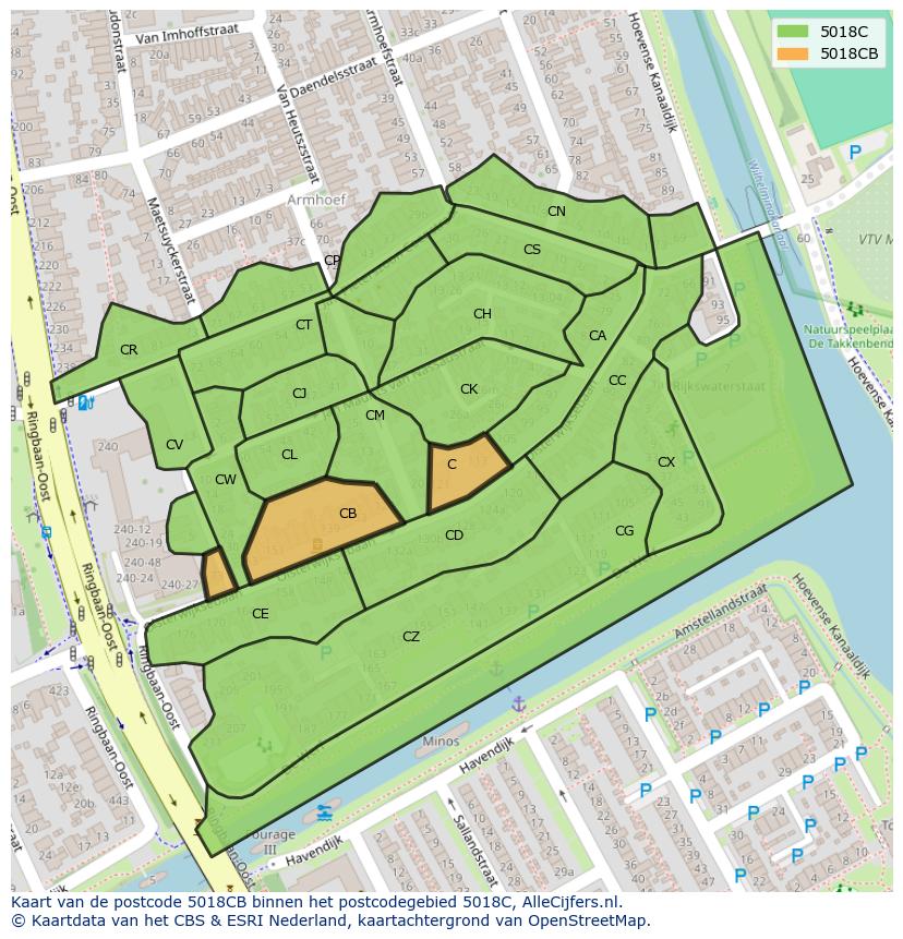Afbeelding van het postcodegebied 5018 CB op de kaart.