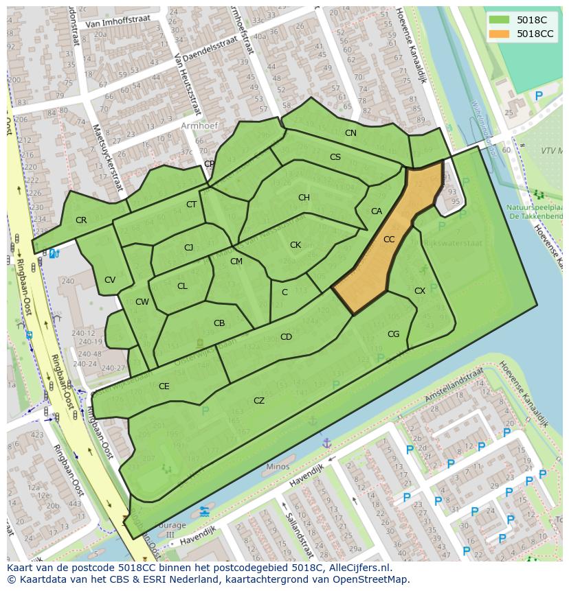 Afbeelding van het postcodegebied 5018 CC op de kaart.