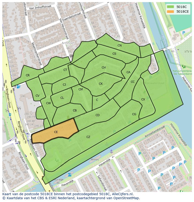Afbeelding van het postcodegebied 5018 CE op de kaart.