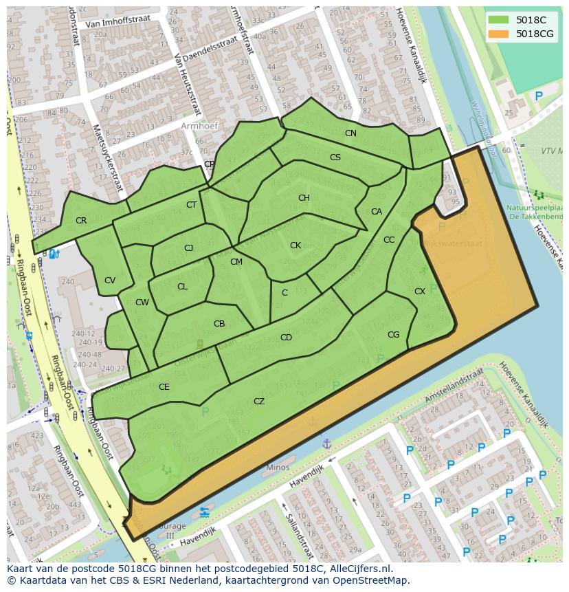 Afbeelding van het postcodegebied 5018 CG op de kaart.