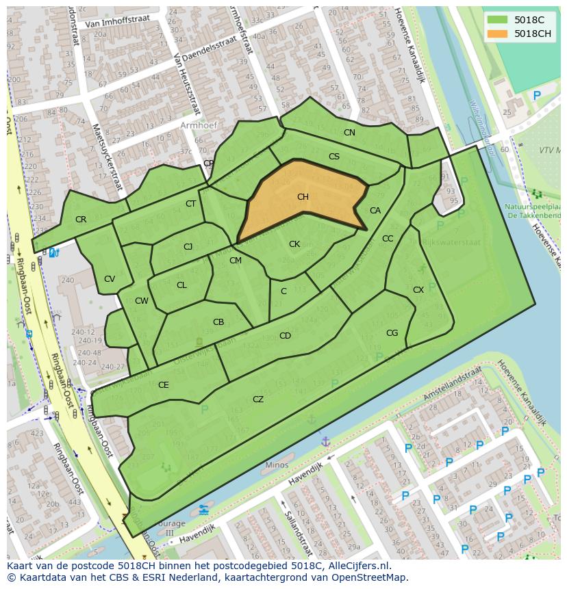 Afbeelding van het postcodegebied 5018 CH op de kaart.