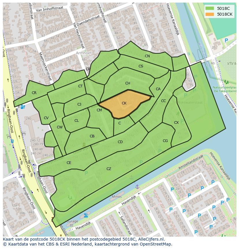 Afbeelding van het postcodegebied 5018 CK op de kaart.