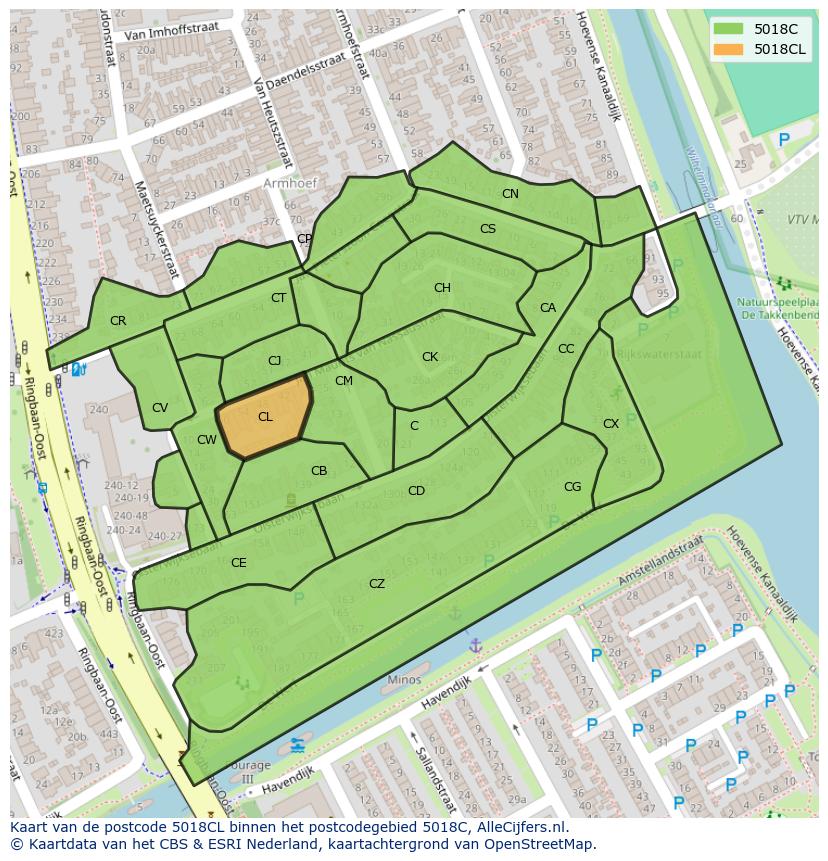 Afbeelding van het postcodegebied 5018 CL op de kaart.