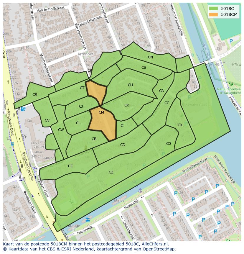 Afbeelding van het postcodegebied 5018 CM op de kaart.